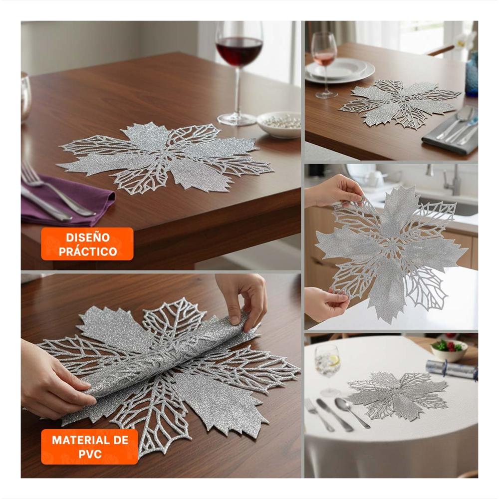 Set para Mesa 6 Individuales Flor de Pina Plateado 42x42 cm Hogar Navidad Y Ligas Regalo