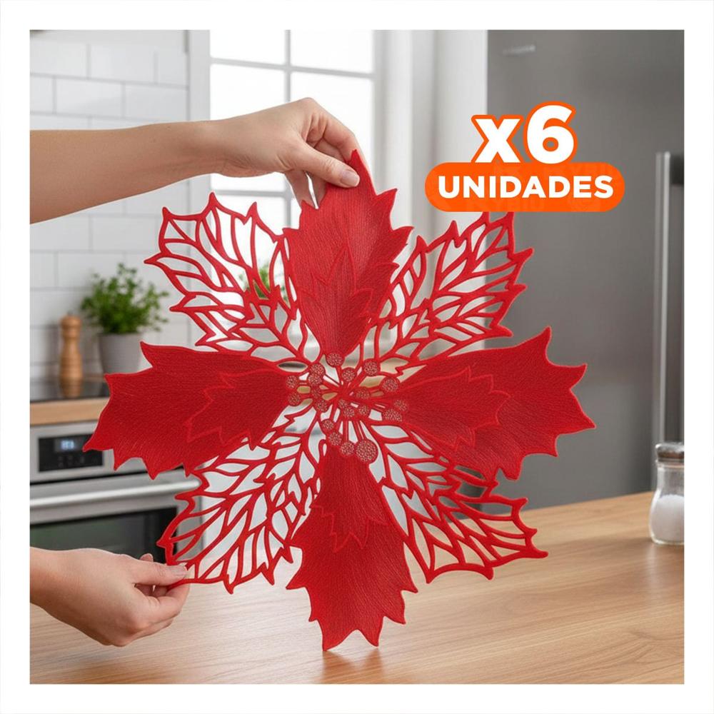 Pack6 Conjunto para Mesa 6 Individuales Flor de Pina Rojo 42x42 cm Navidad
