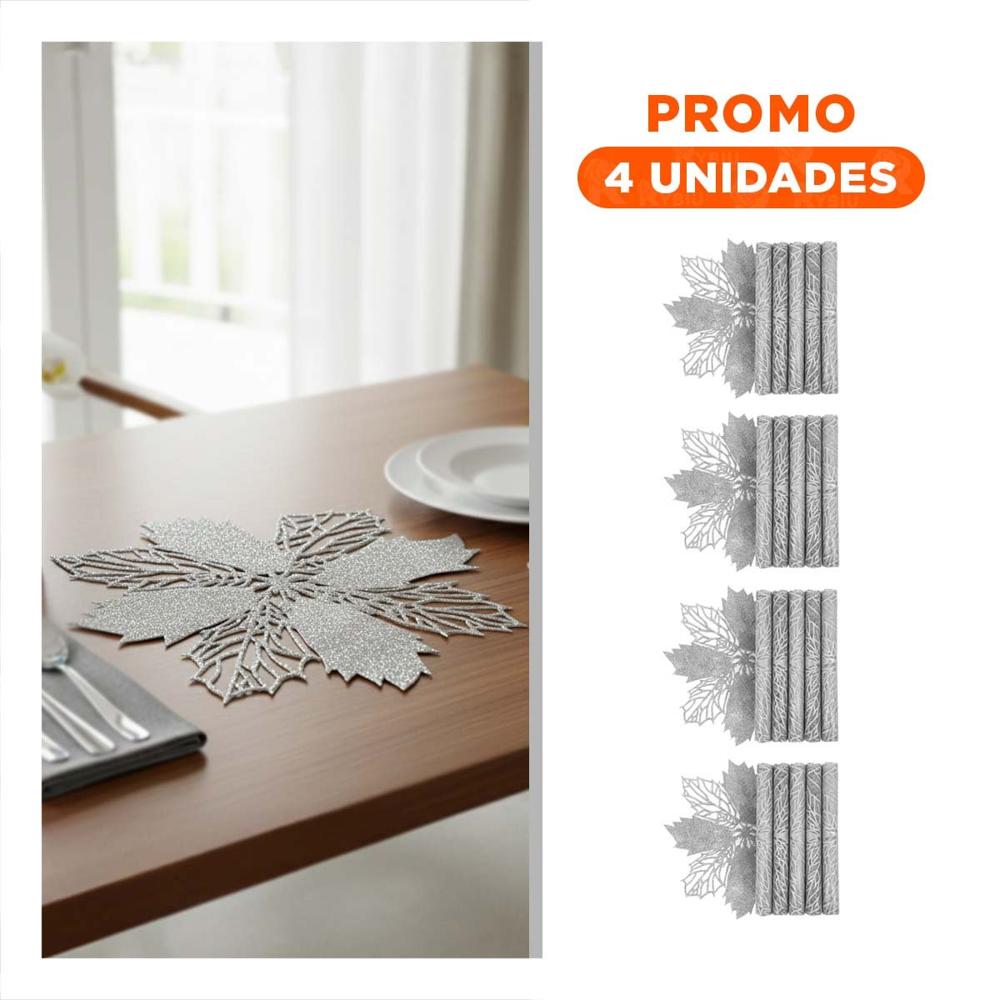 Pack4 Juego Hogar 6 Individuales Flor de Pina Plateado 42x42 cm Decoracion