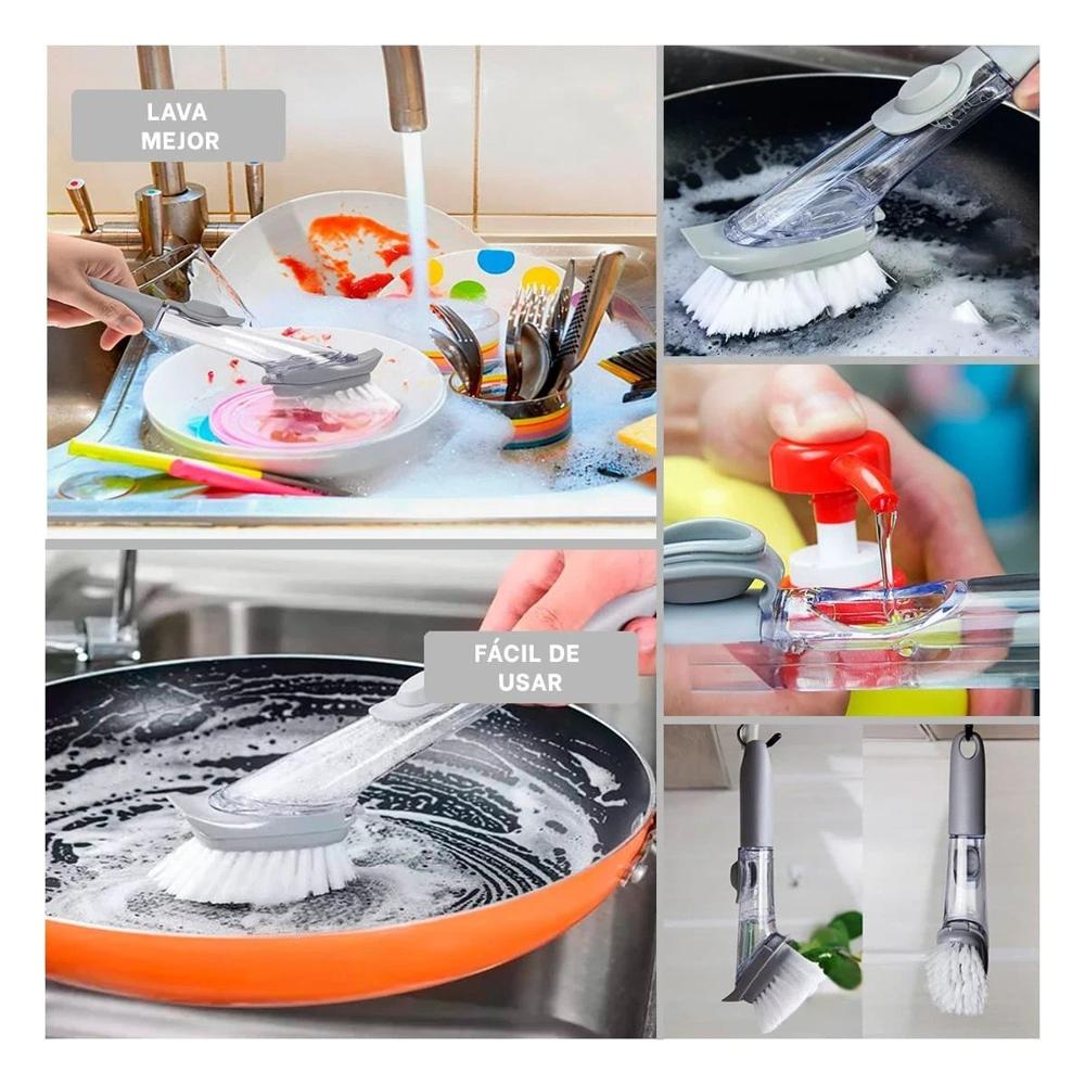 Cepillo de Cocina en Color Plomo con Sistema Dispensador de Jabon Liquido Y Ligas Regalo
