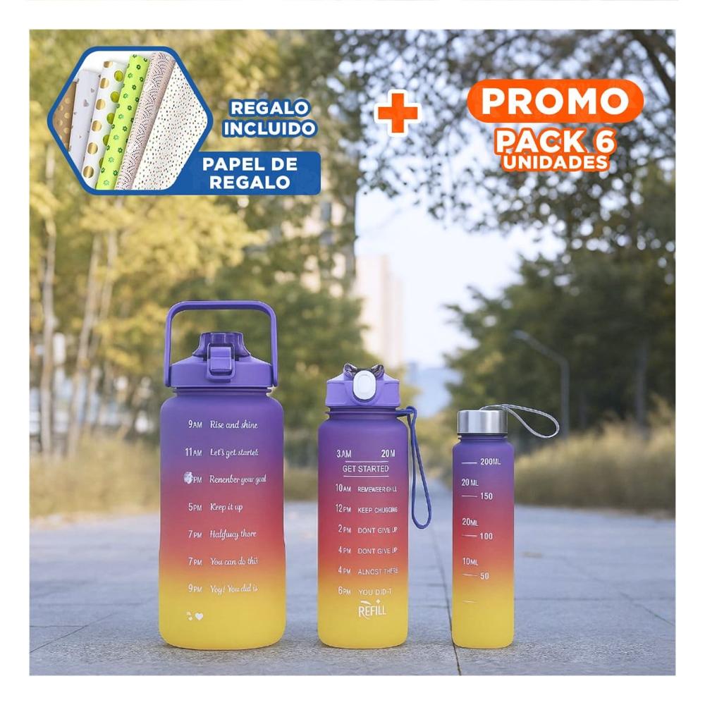Pack6 Cantimploras Morado con Volumen 2 L 1 L y 300 Ml y Tapa Resistente YPapel Regalo