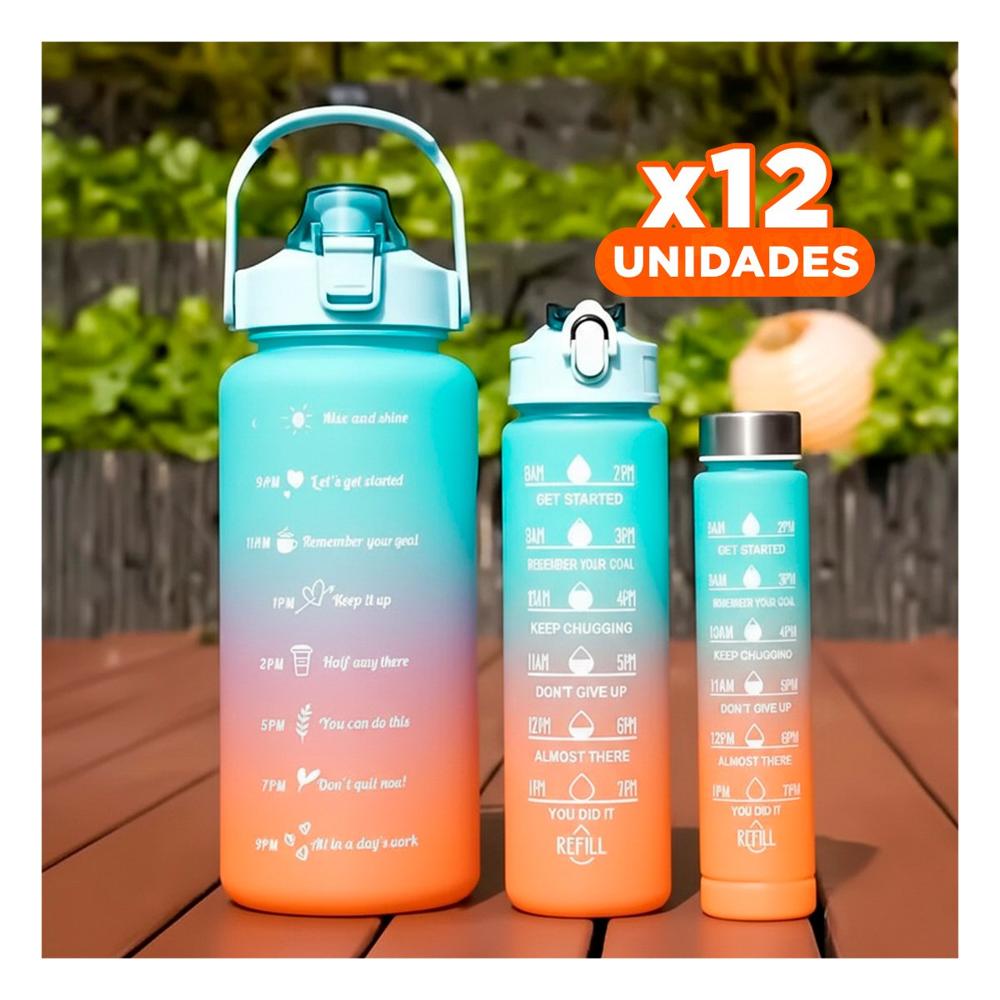 Pack12 Cantimploras Set Triple en Celeste con Tapa de Plastico 2 L 1 L y 300 Ml
