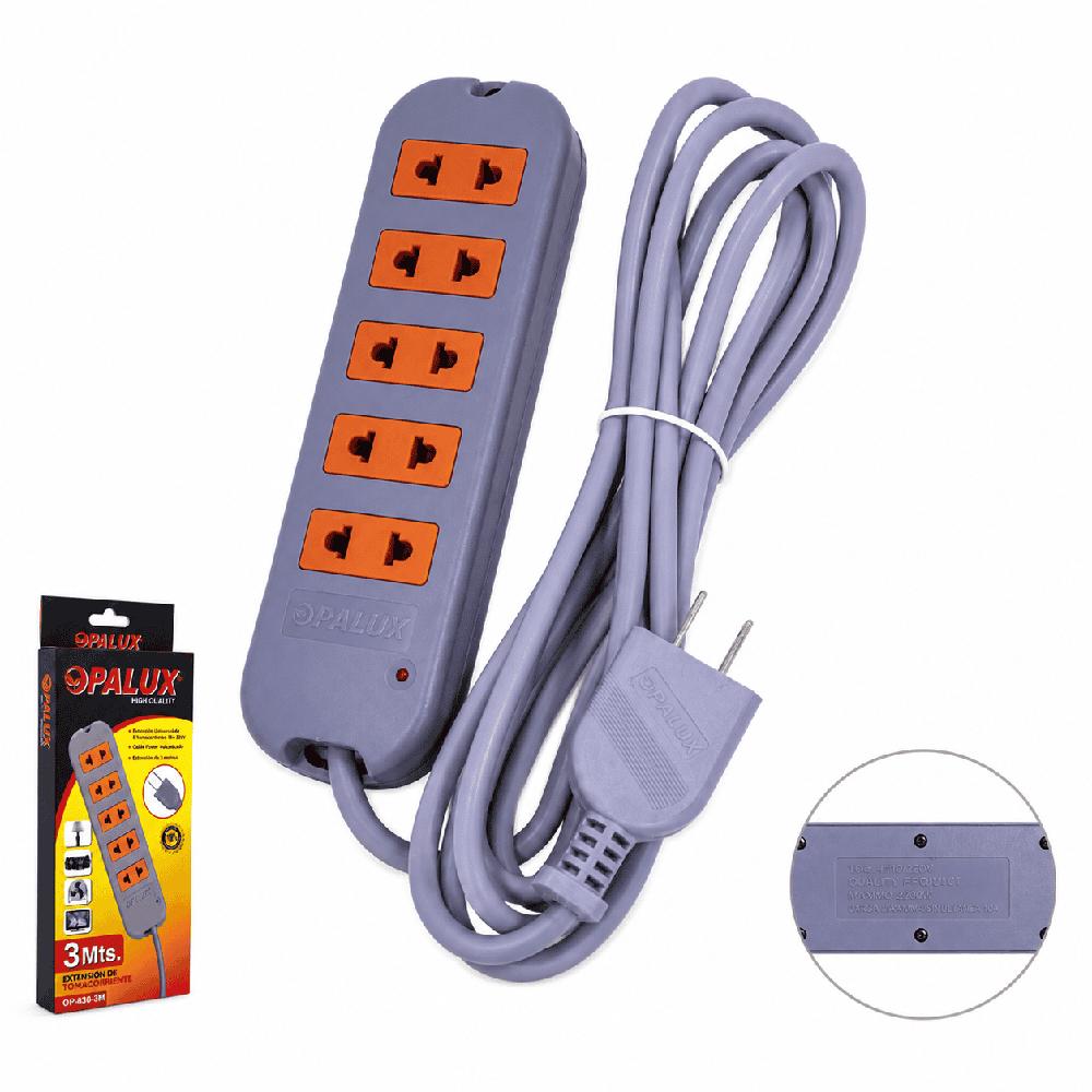 Extensión Eléctrica Vulcanizada 3 Metros 5 Tomas Universales OPALUX OP-830-3M