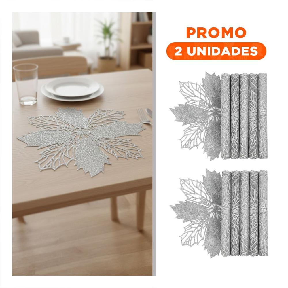 Pack2 Juego Textil 6 Individuales Flor de Pina Plateado 42x42 cm Estilo Y Regalo Sticker