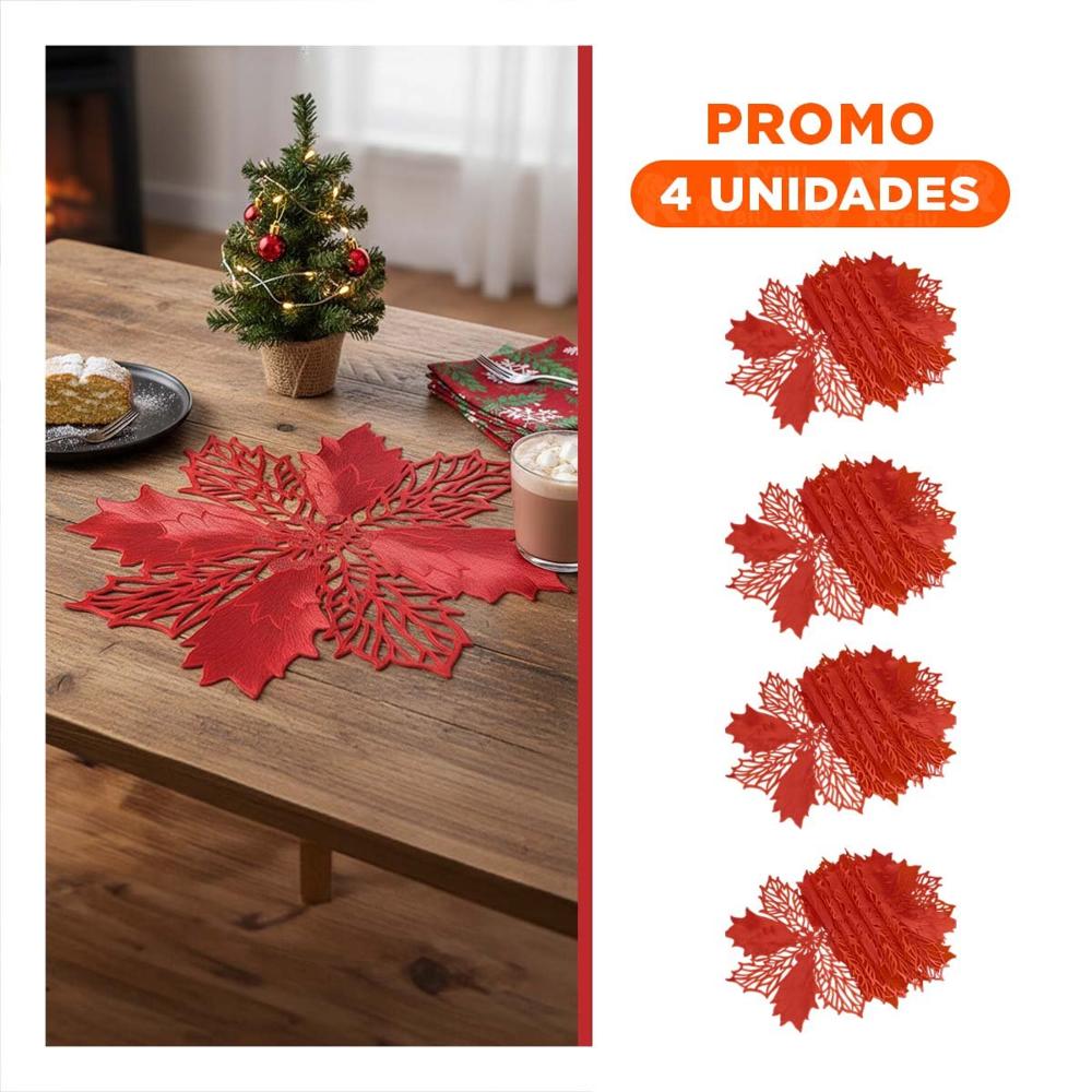 Pack4 Juego Hogar 6 Individuales Flor de Pina Rojo 42x42 cm Decoracion