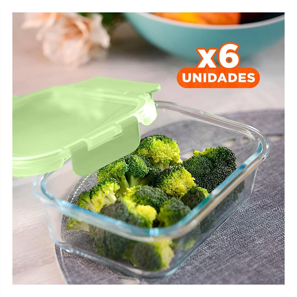 Pack6 Contenedor de Vidrio 1040 ml con Tapa Verde para Organizar Alimentos