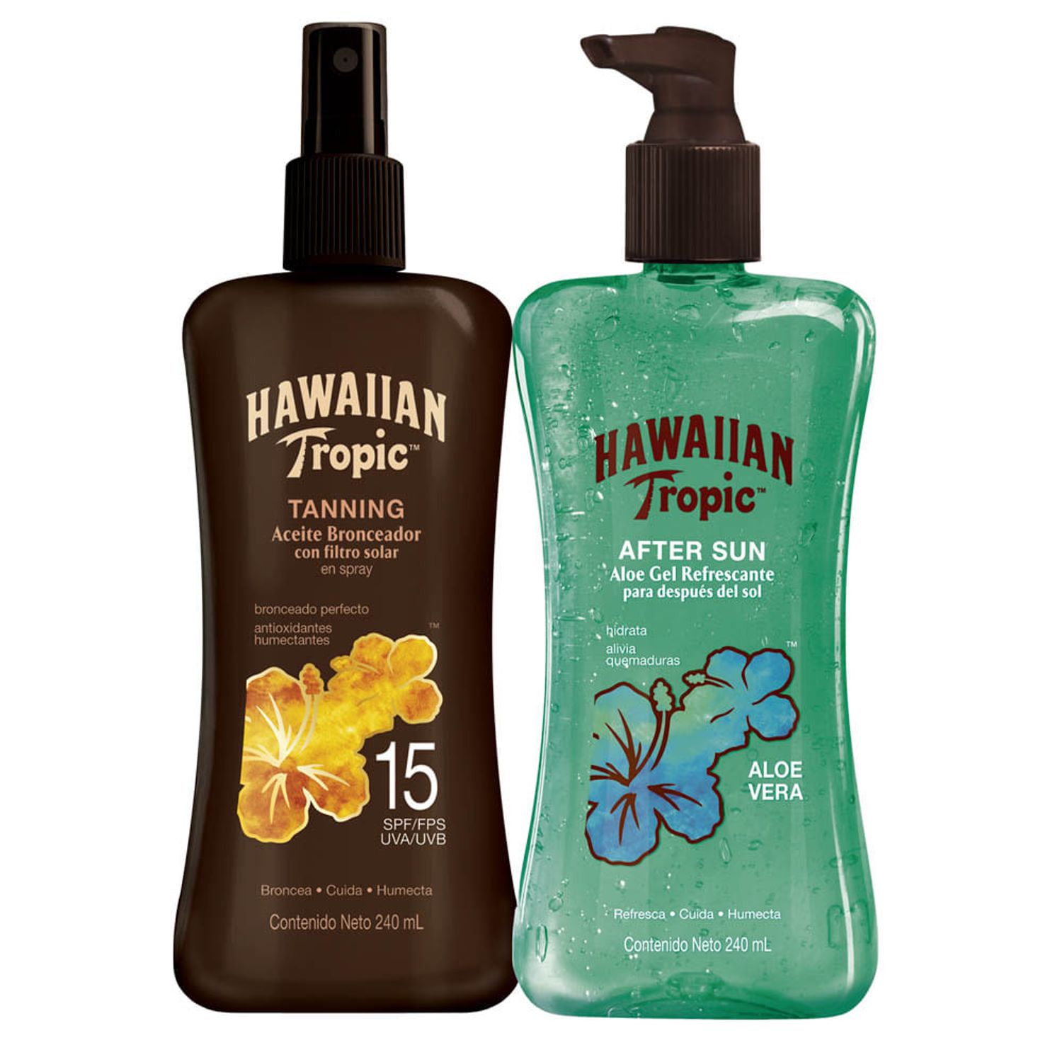 Pack Hawaiian Tropic After Sun Gel Aloe Vera 240 ml + Aceite Bronceador Tanning FPS15 Spray 240