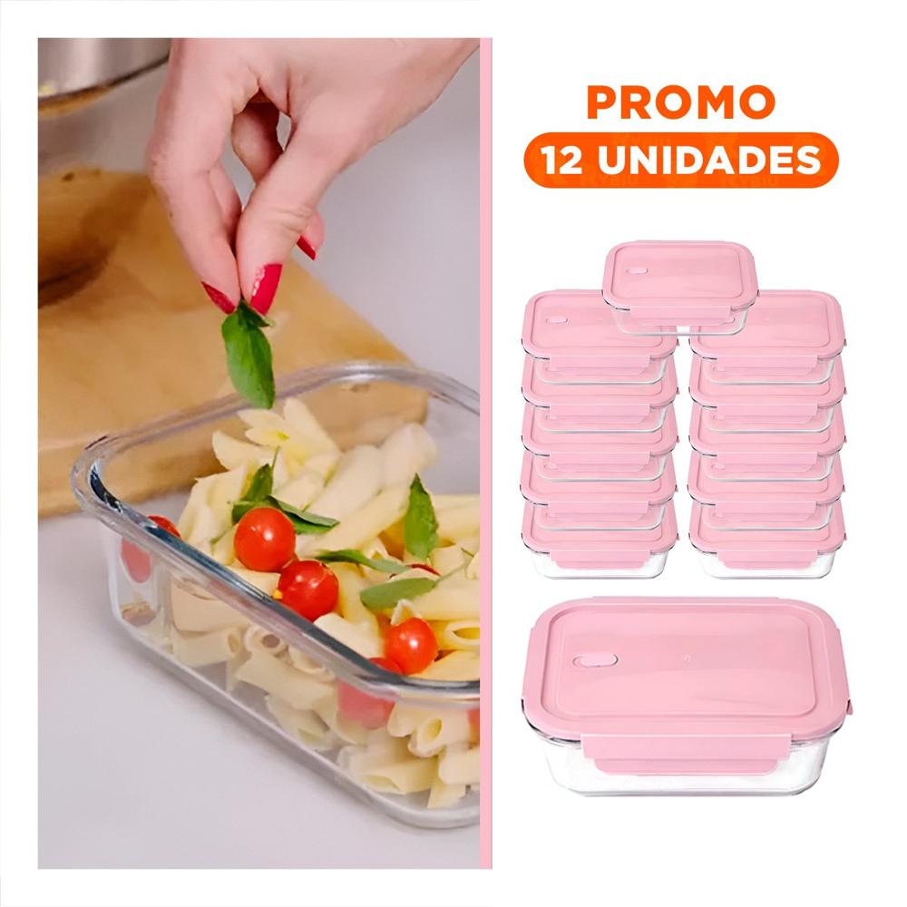Pack12 Caja compacta de vidrio 410 ml con tapa segura rosado para cocina