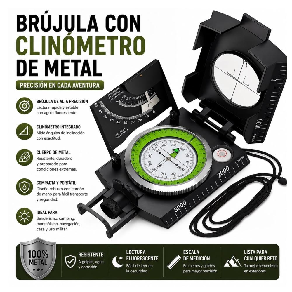 BRUJULA GEOLOGICA DE METAL CON CLINOMETRO GRANDE NEGRO