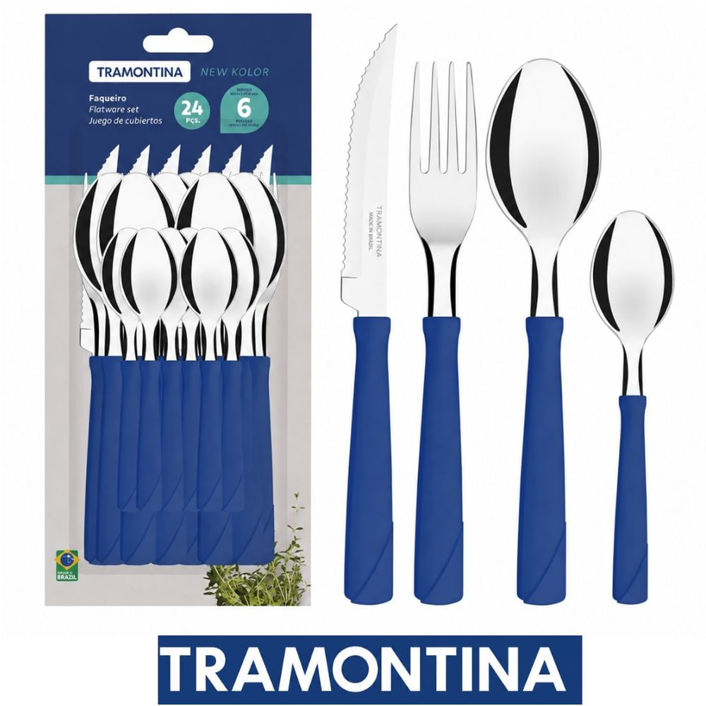Juego de Cubiertos Tramontina 24 Pzas Azul Láminas de Acero Inoxidable y Mangos de Polipropileno