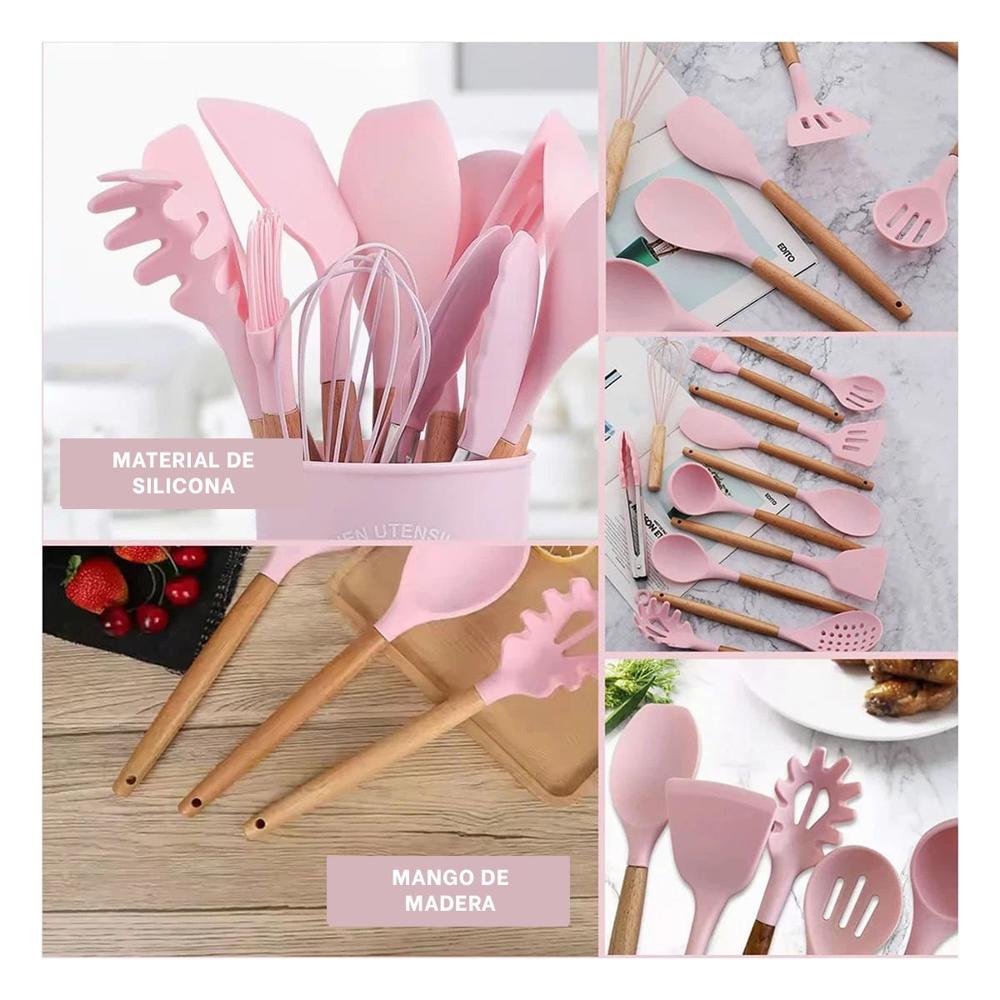 Set de Utensilios Color Rosado en Silicona con 12 Piezas para Cocina Familiar YLigas Regalo
