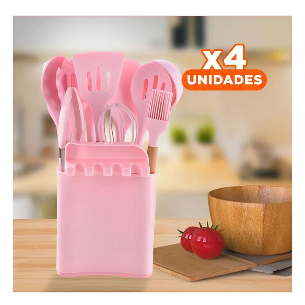 Pack4 Utensilios Modernos de Color Rosado Silicona Set de 11 con Posa YRegalo Sticker