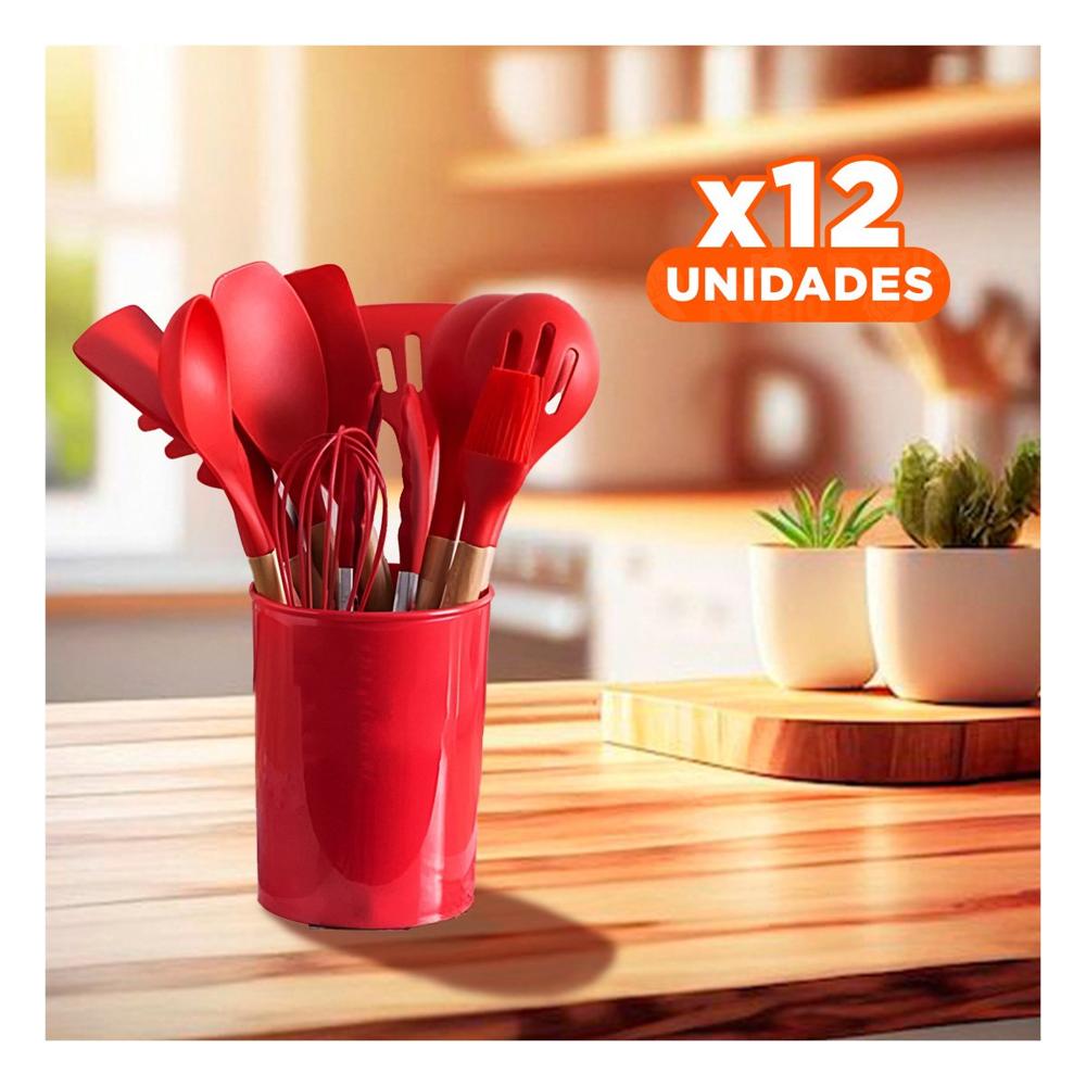 Pack12 Kit de Utensilios Color Rojo con 12 Piezas en Silicona Flexible YRegalo Sticker