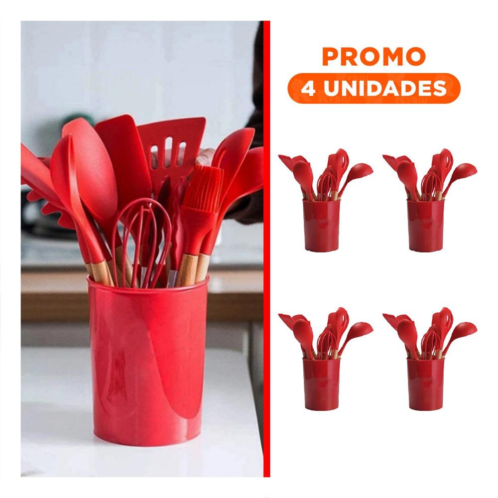 Pack4 Conjunto Integral Color Rojo en Silicona con 12 Piezas para Preparacion