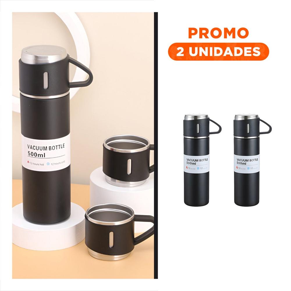 Pack2 Frasco Portatil Individual con Dos Tazas para Oficina Negro YRegalo Sticker
