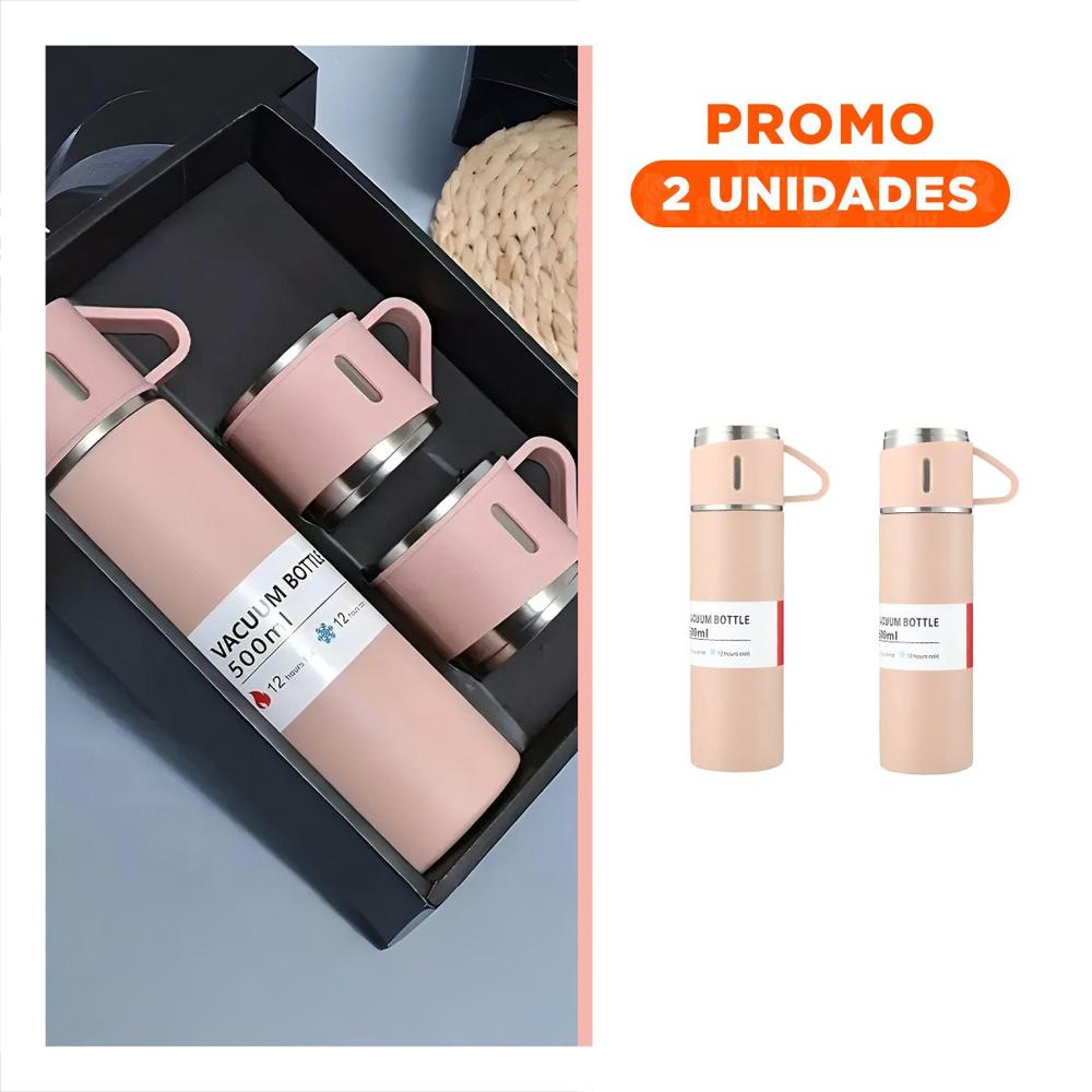 Pack2 Frasco Portatil Individual con Dos Tazas para Hogar Rosado YRegalo Sticker