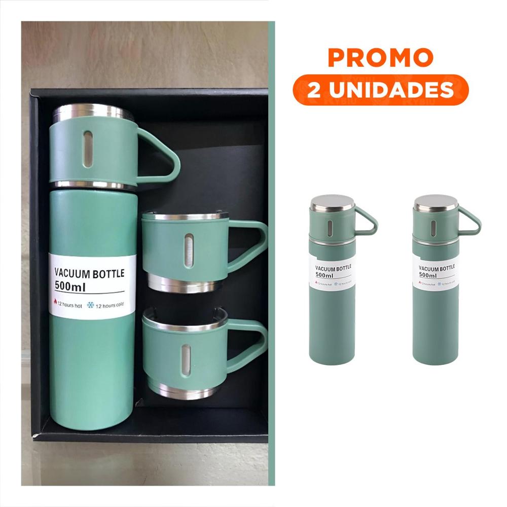 Pack2 Frasco Portatil Individual con Dos Tazas para Hogar Verde YRegalo Sticker
