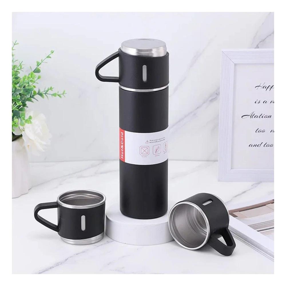 Frasco Termico Individual con Dos Tazas para Bebidas Calientes Negro YPapel Regalo