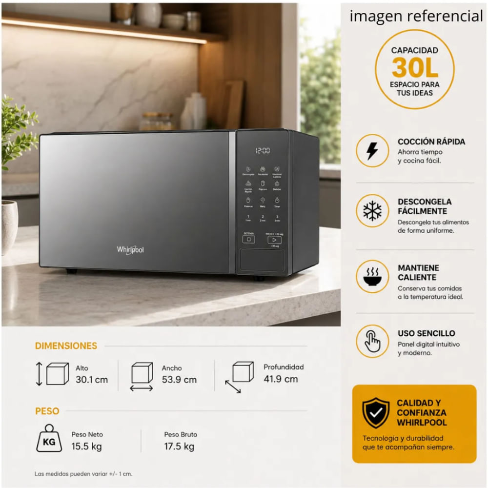 Microondas Whirlpool 30L WM2011D Digital 17 Funciones Silver