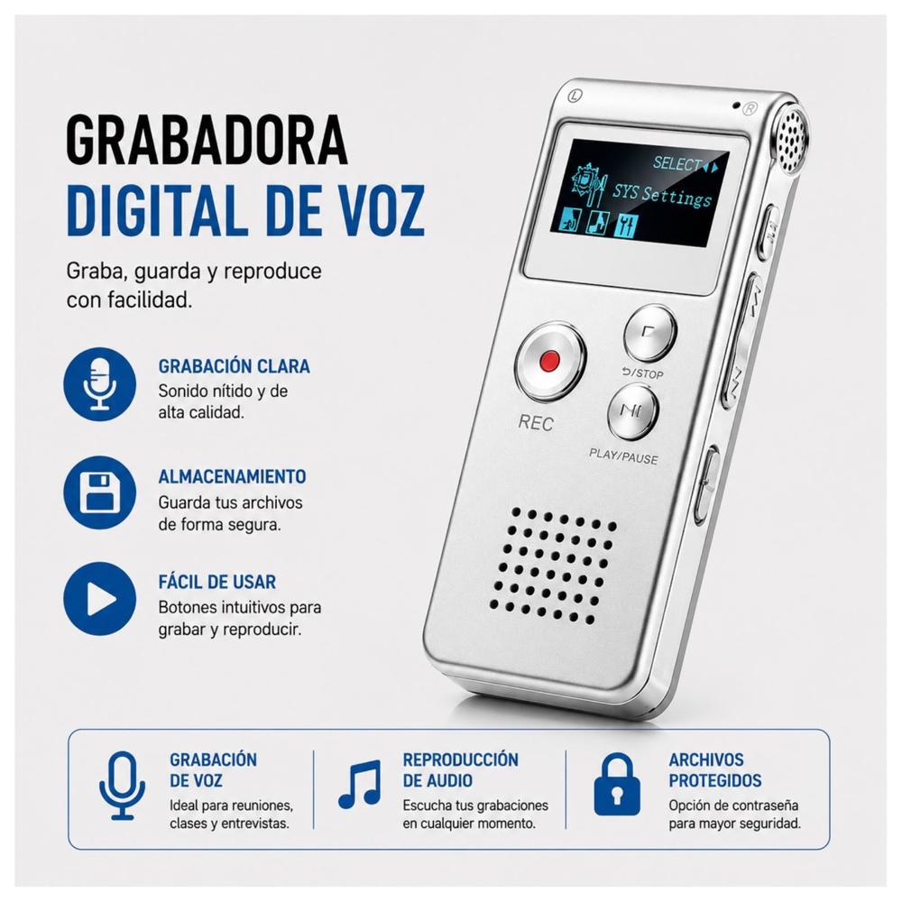 GRABADORA DE VOZ 8 GB PROFESIONAL PLATA