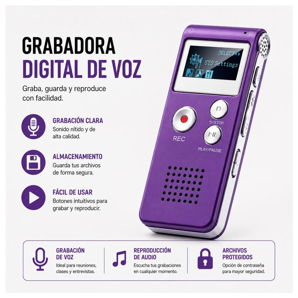 GRABADORA DE VOZ 8 GB PROFESIONAL MORADO