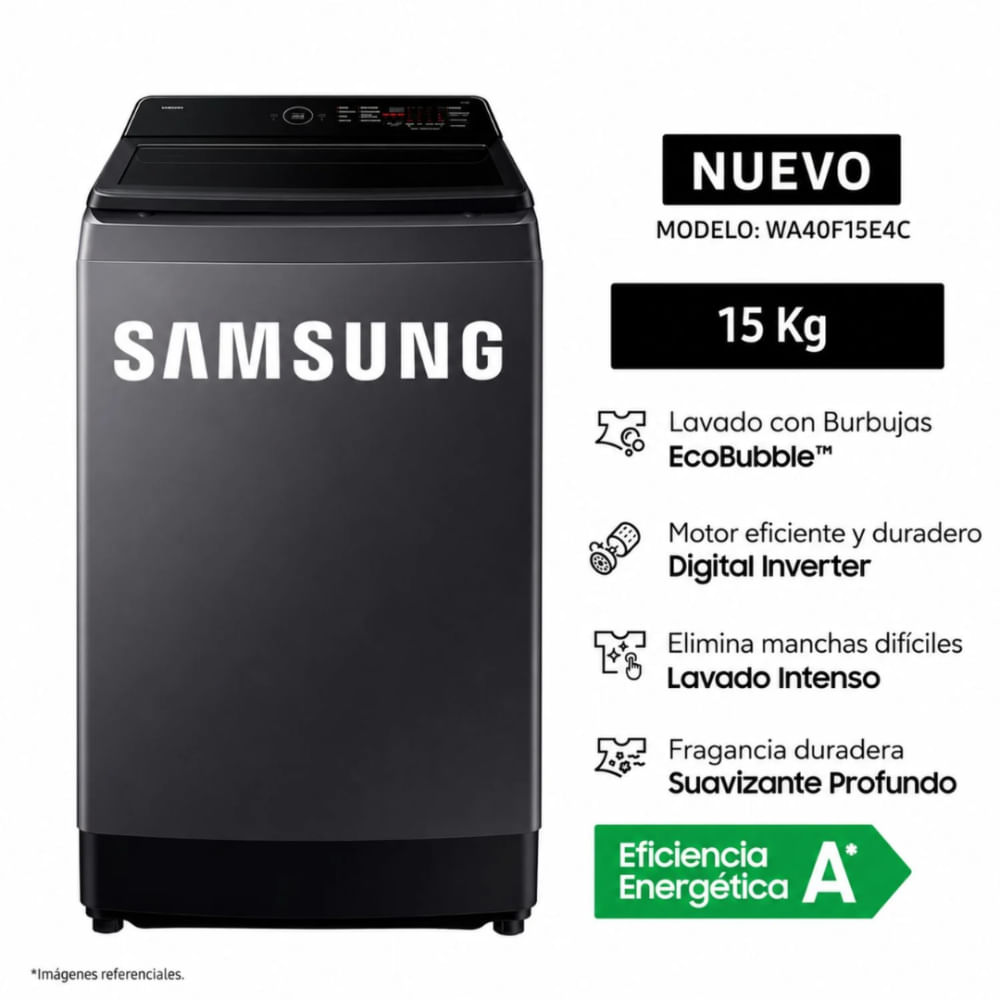LAVADORA SAMSUNG 15 KG WA40F15E4C ECOBUBBLE DIGITAL INVERTER Y CARGA