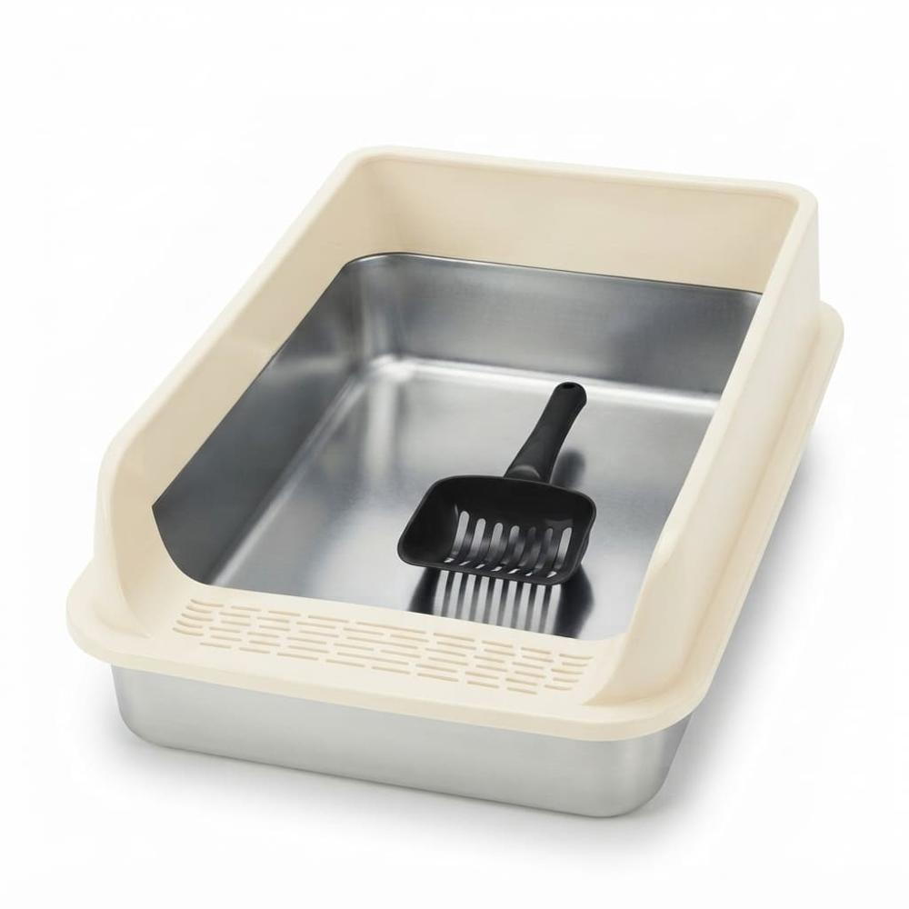 Arenero Grande de Acero Inoxidable para Gatos - 60x40x22 - Crema