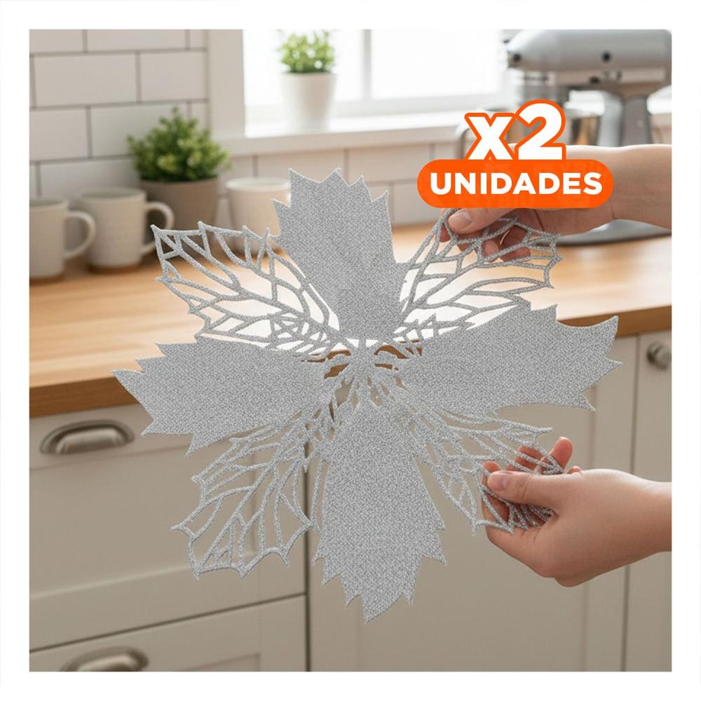 Pack2 Juego Decorativo de 6 Individuales Flor de Pina Plateado 42x42 cm Navidad