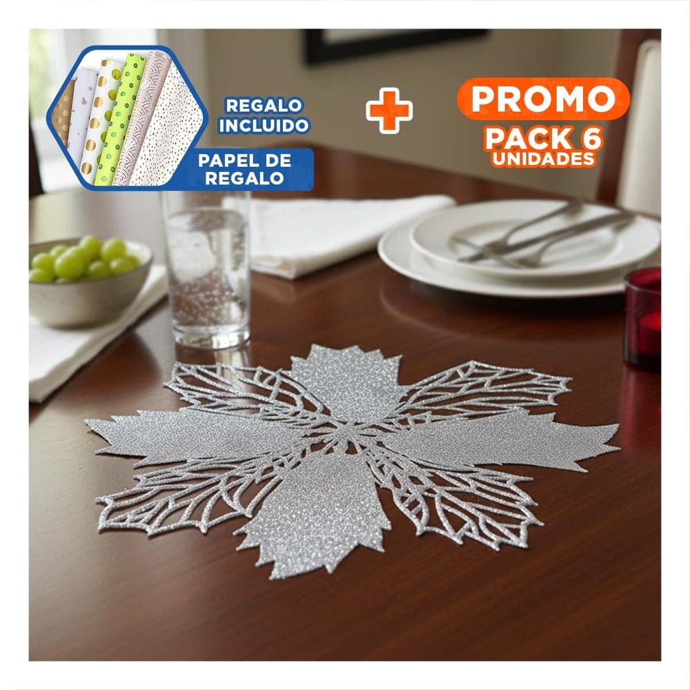 Pack6 Conjunto para Mesa 6 Individuales Flor de Pina Plateado 42x42 cm Navidad