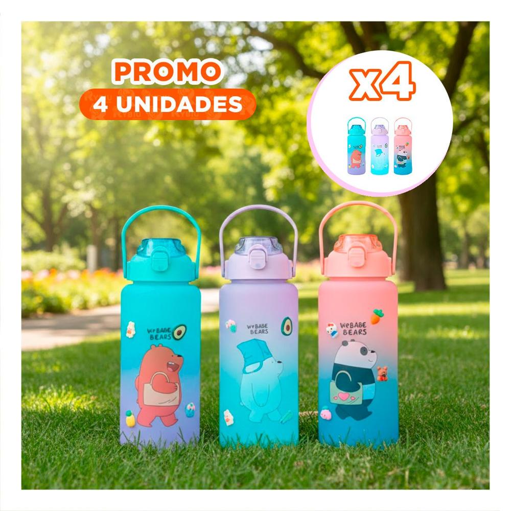 Pack4 Frasco Deportivo Oso Escandaloso 2 Litros para Oficina Y Regalo Sticker