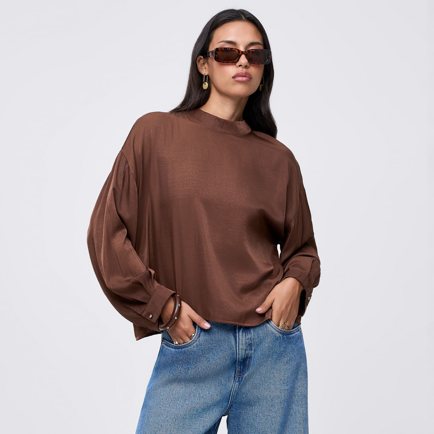 Blusa Mujer Cuello Malabar Manga Larga Marrón M