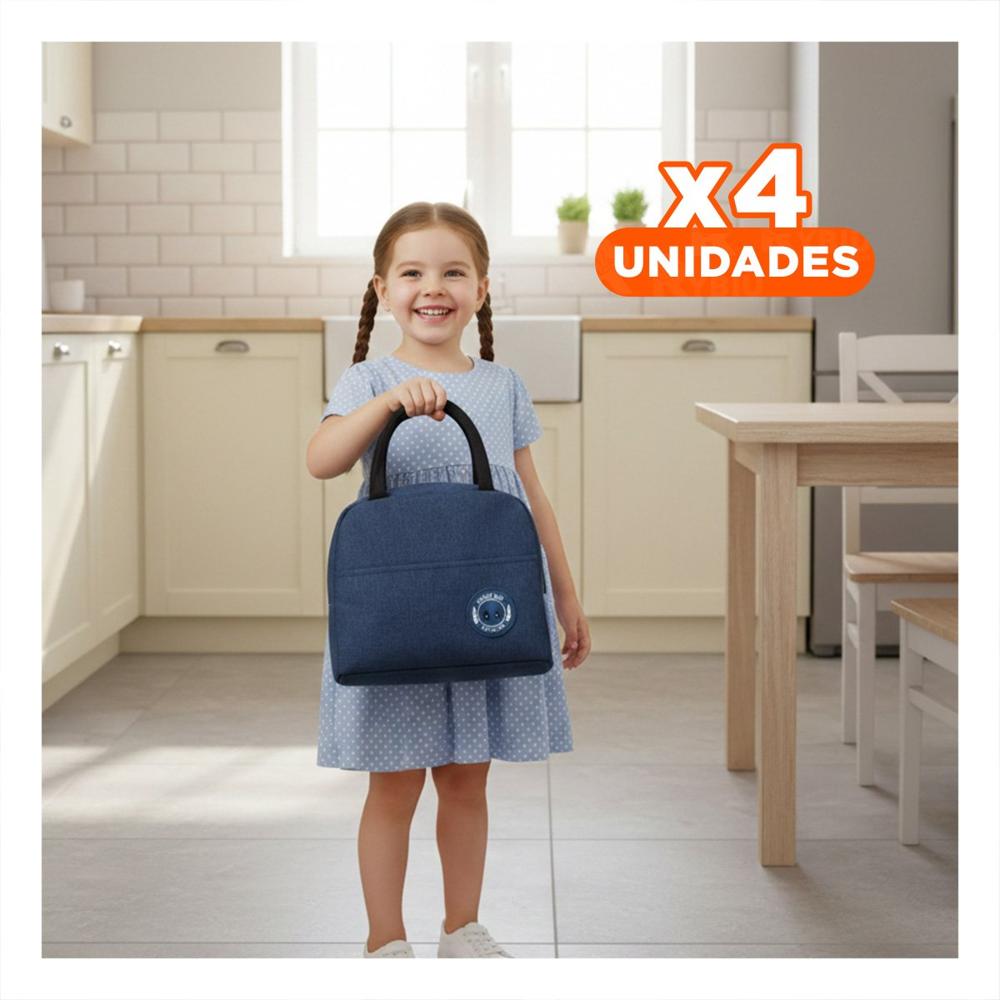 Pack4 Maletin Termico con Etiqueta Oso y Bolsillo Exterior Azul marino Y Regalo Sticker