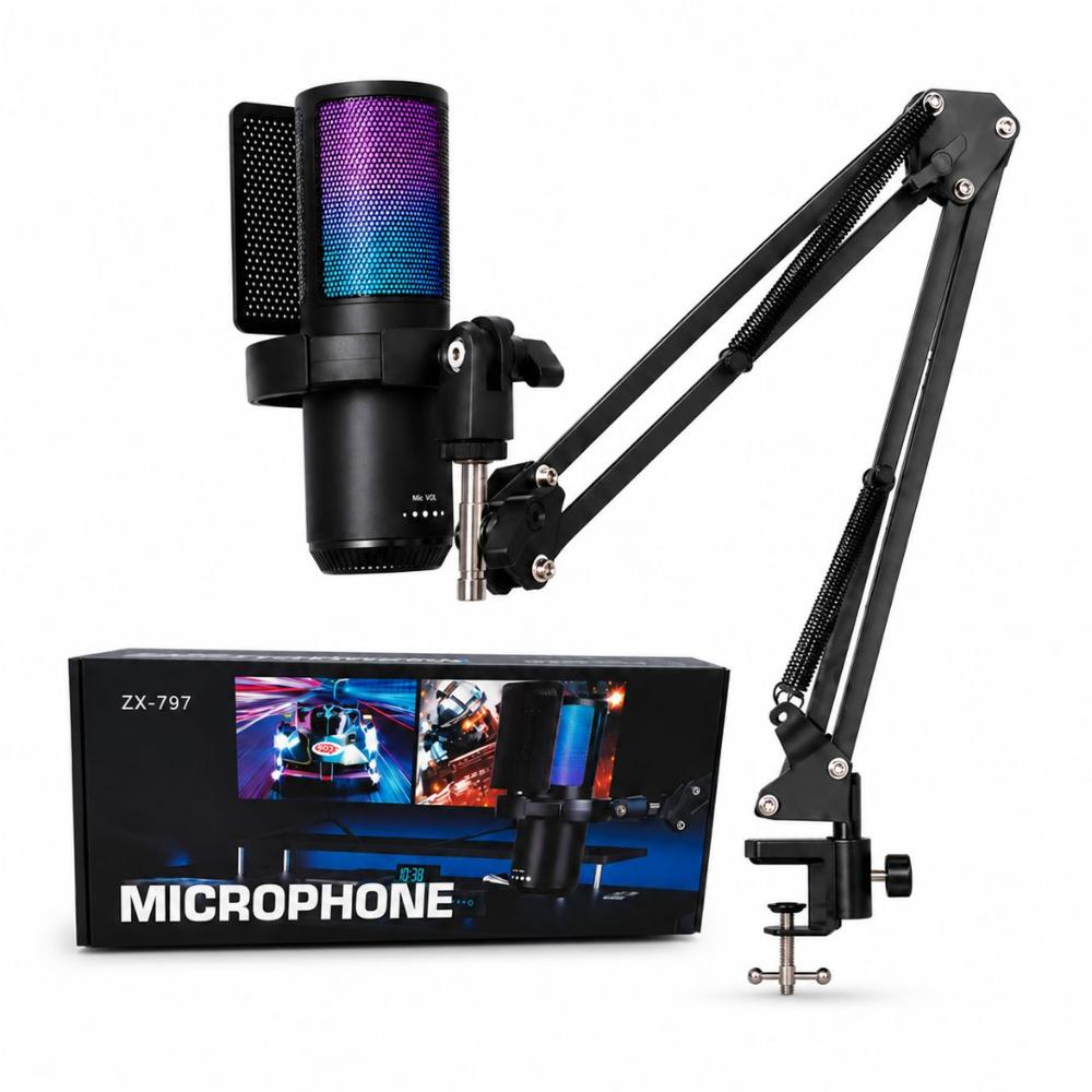 Micrófono Condensador RGB para Streaming SZX-797 con Brazo Articulado Reducción de Ruido