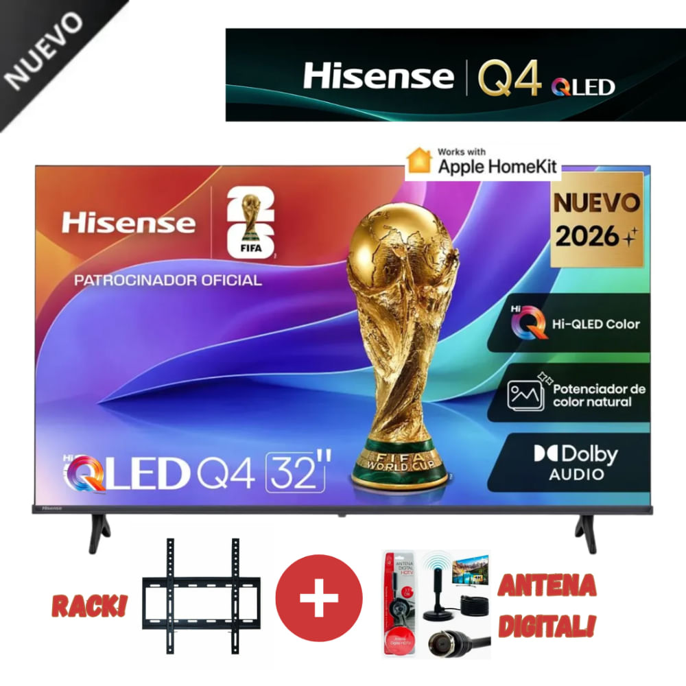 TELEVISOR HISENSE HIQLED 32 HD SMART TV 32Q4SV MAS Antena Digital y Rack