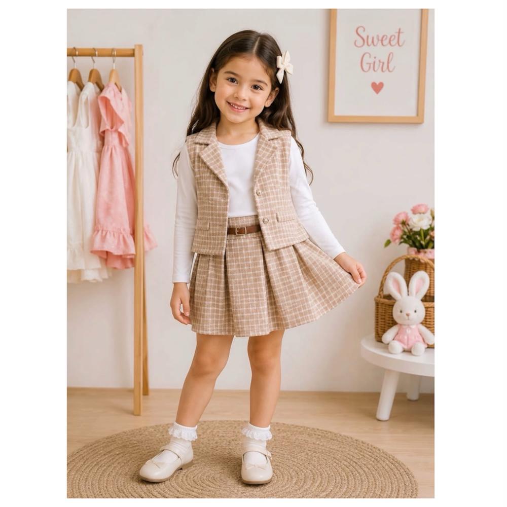 CONJUNTO INFANTIL 3 PIEZAS BLUSA CHALECO Y FALDA ESCOCESA