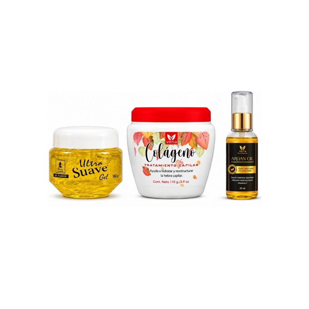GEL AMARILLO POTE 160G más CREMA TRAT CAPILAR COLAGENO 110G más ACEITE DE ARGAN 35ML