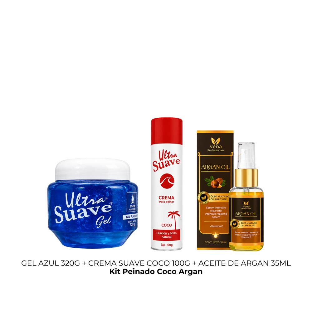 GEL AZUL POTE 320G más CREMA ULTRA SUAVE COCO 100G más ACEITE DE ARGAN 35ML