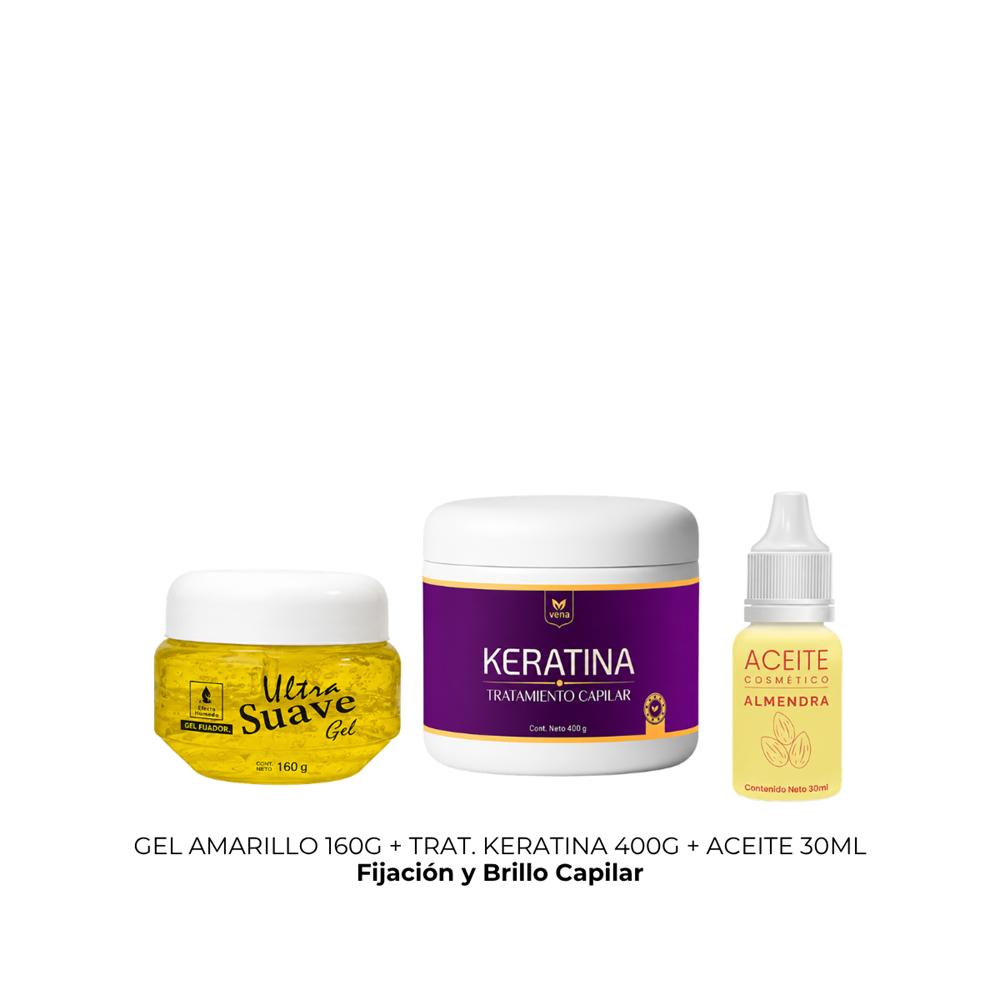 GEL AMARILLO POTE 160G más TRATAMIENTO KERATINA 400G más ACEITE ALMENDRA 30ML