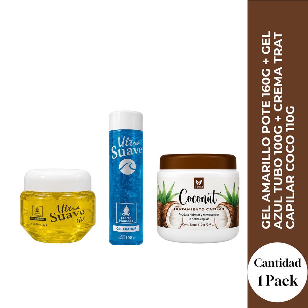 GEL AMARILLO POTE 160G más GEL AZUL TUBO 100G más CREMA TRAT CAPILAR COCO 110G