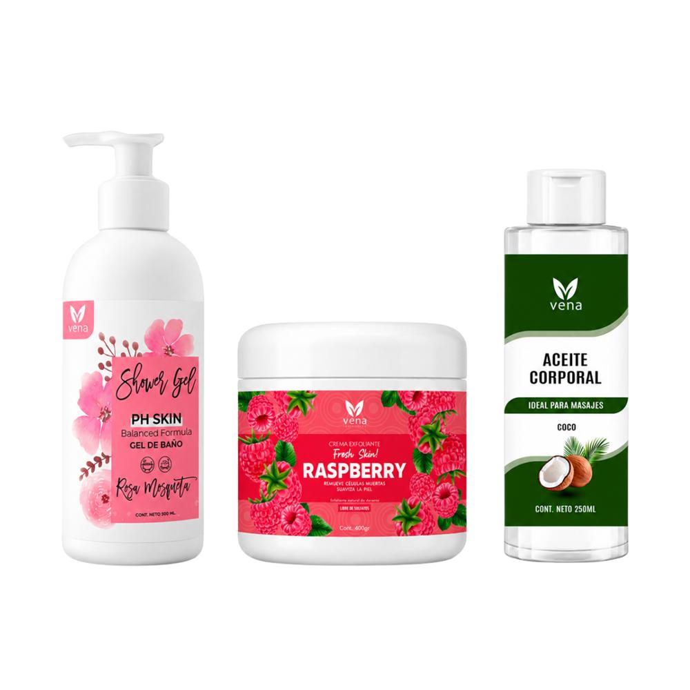 GEL ROSA MOSQUETA 500ML más CREMA EXFOLIANTE RASPBERRY 400G más ACEITE CORP. 250ML