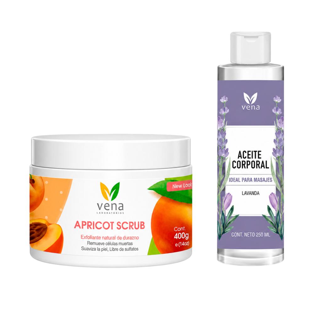 CREMA EXFOLIANTE APRICOT SCRUB POTE 400G más ACEITE CORPORAL LAVANDA 250ML