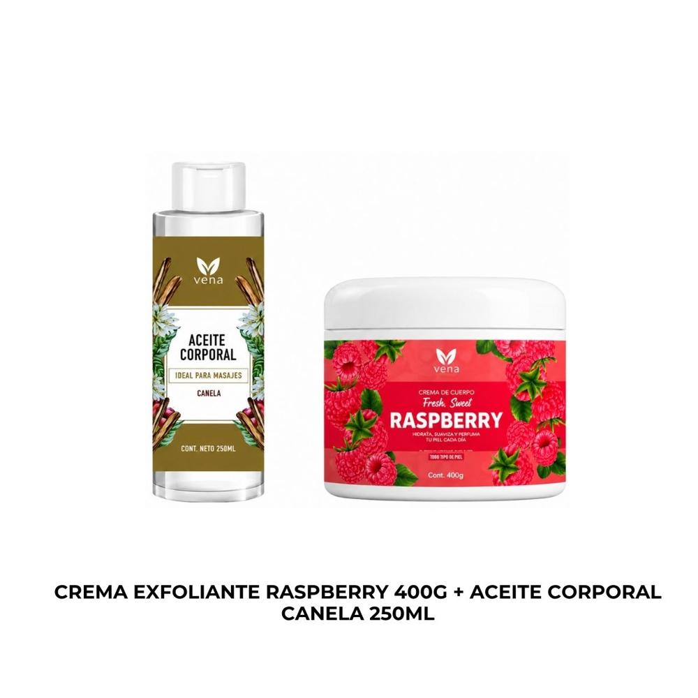 CREMA EXFOLIANTE RASPBERRY 400G más ACEITE CORPORAL CANELA 250ML