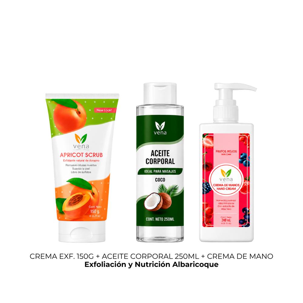 CREMA EXFOLIANTE APRICOT SCRUB 150G más ACEITE CORPORAL COCO 250ML más CREMA DE MANO