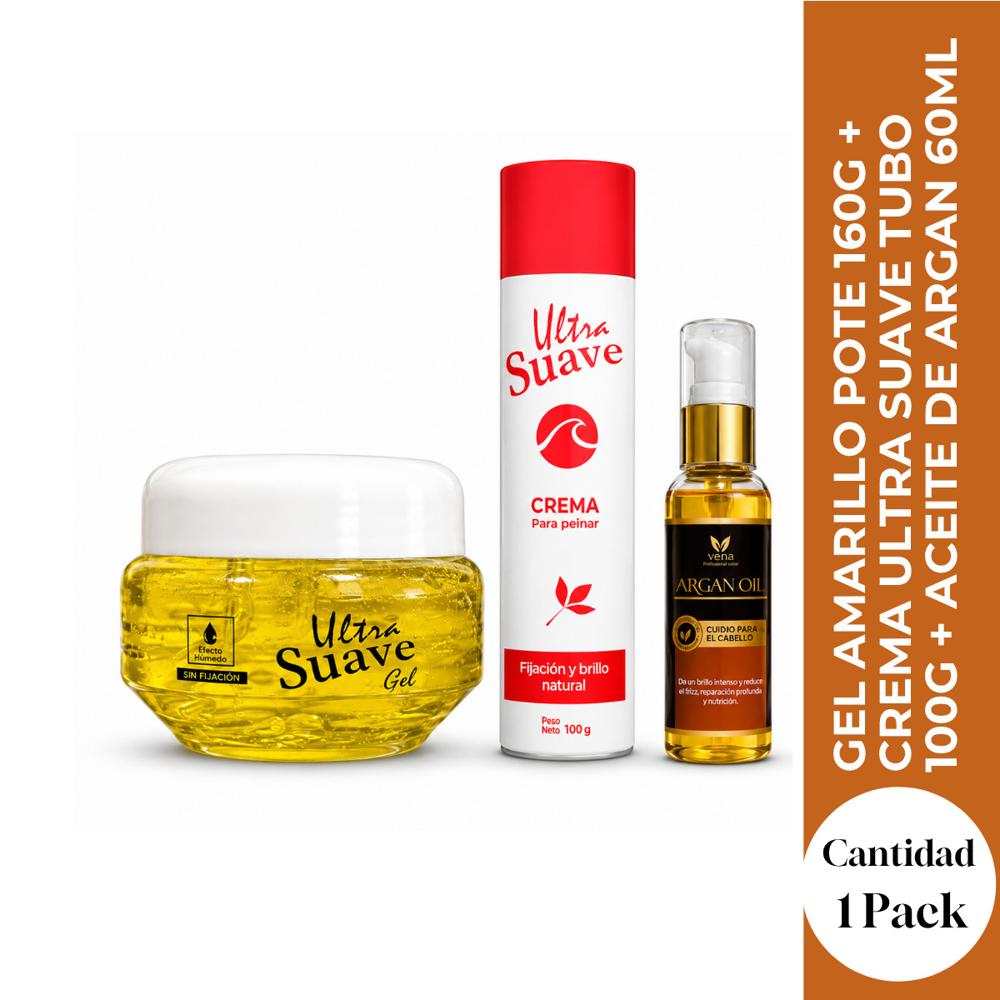 GEL AMARILLO POTE 160G más CREMA ULTRA SUAVE TUBO 100G más ACEITE DE ARGAN 60ML