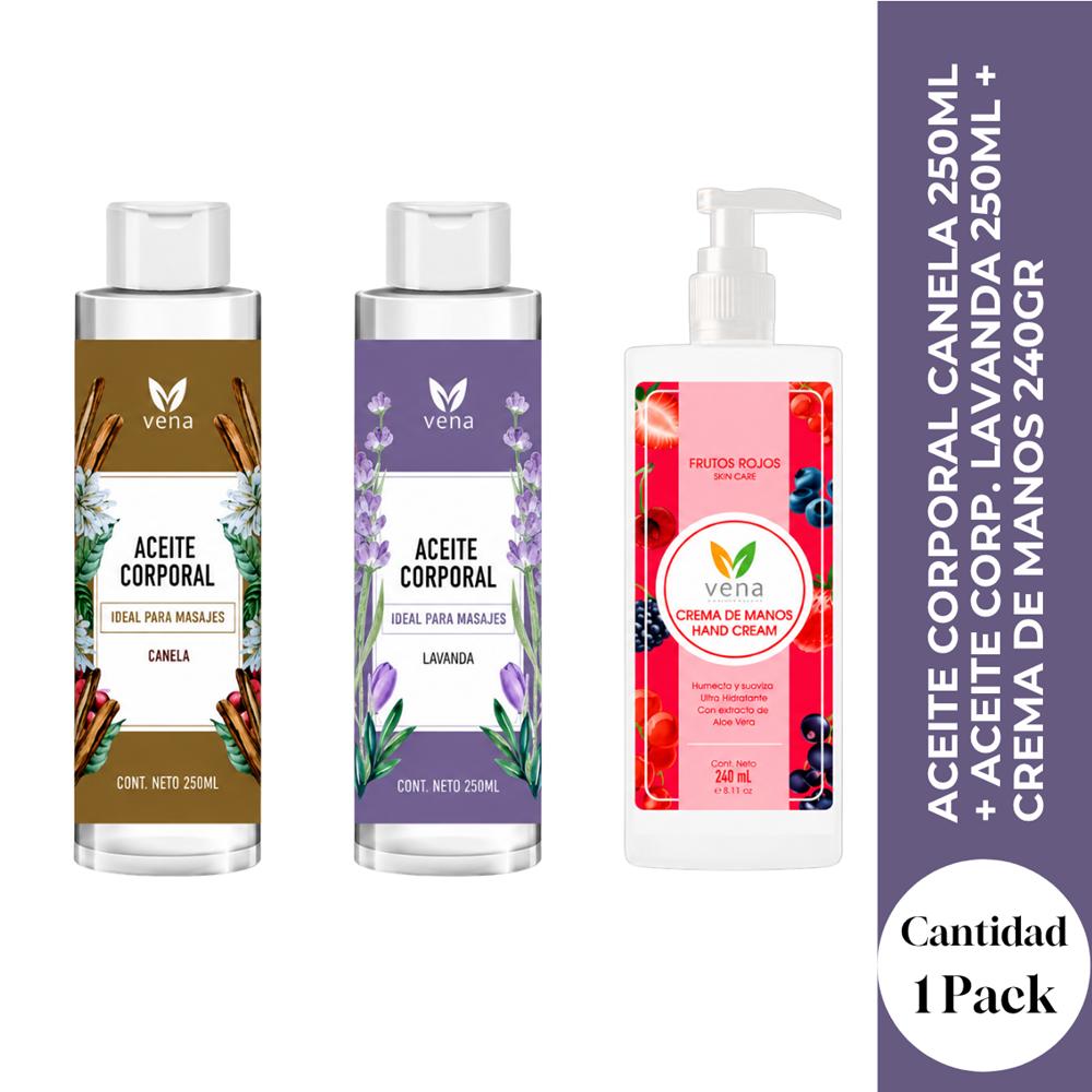 ACEITE CORPORAL CANELA 250ML más ACEITE CORP. LAVANDA 250ML más CREMA DE MANOS 240GR