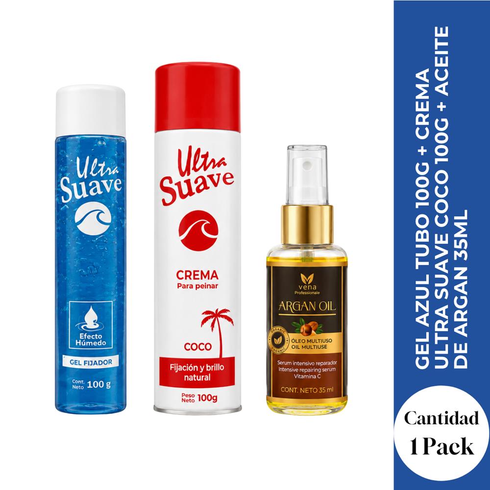 GEL AZUL TUBO 100G más CREMA ULTRA SUAVE COCO 100G más ACEITE DE ARGAN 35ML