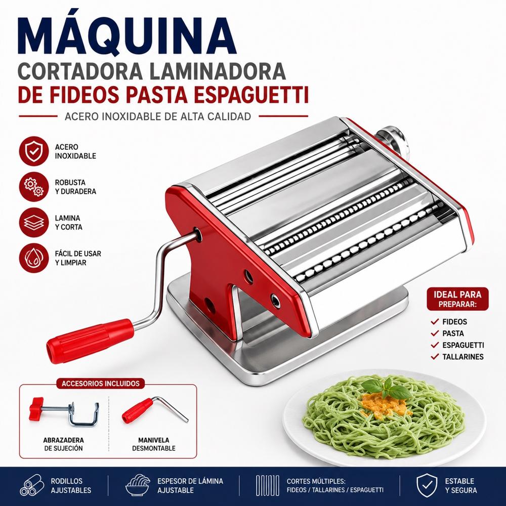 Máquina Acero Cortadora Laminadora Fideos Pasta Espaguetti 2 en 1 Laminadora y Cortadora