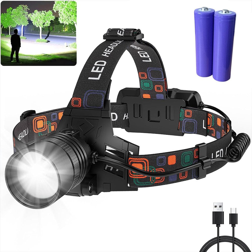 Linterna Frontal LED Recargable W519B 99000 Lúmenes Zoom Ajustable 90 grados IPX6 Batería 45H