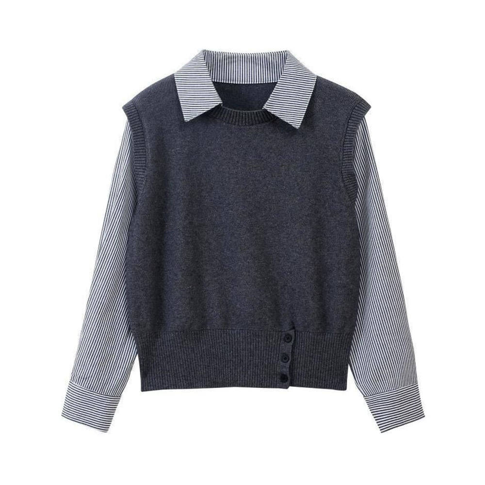 Chompa de Hilo Con Mangas y Cuello Camisero Modelo Coreano Importado Peace And Love Gris