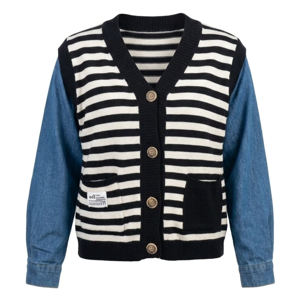 Chompa de Hilo Negro Con Mangas Jean Modelo Coreano Importado Peace And Love